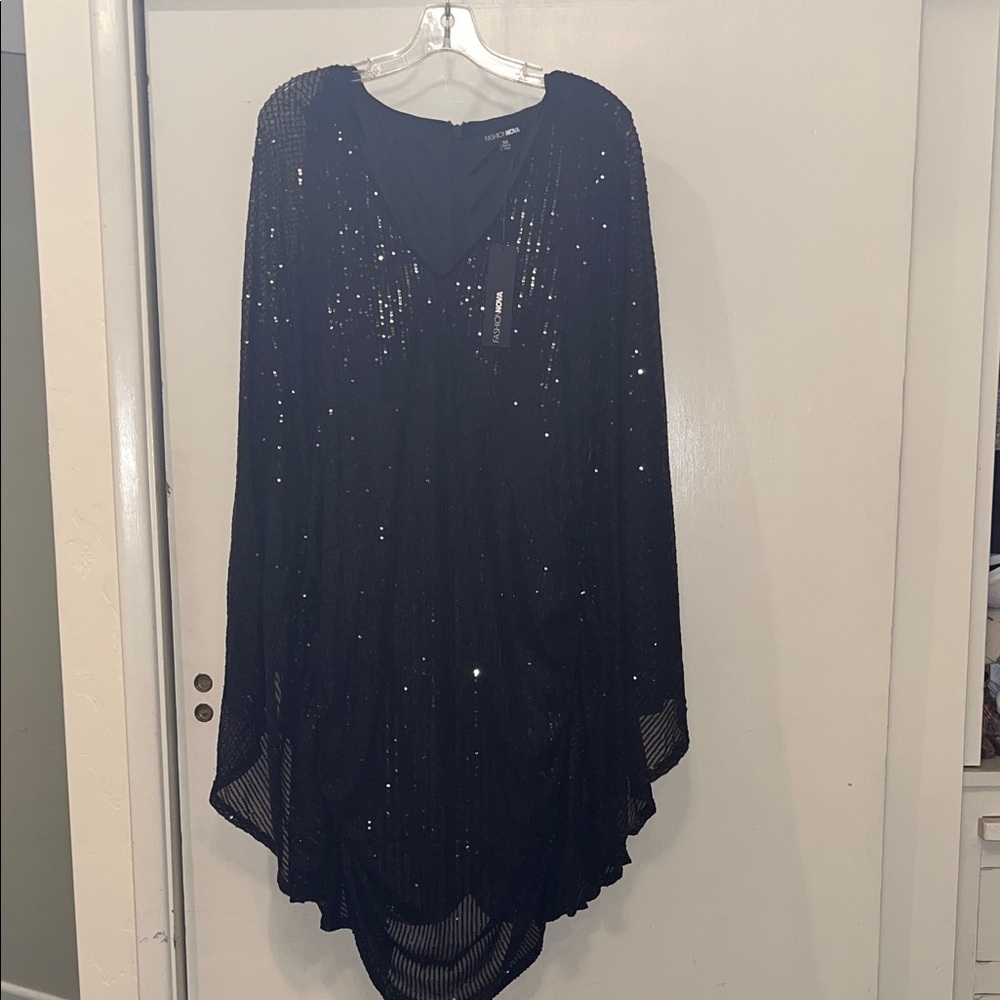 Fashion Nova Black Sequin NWT Mini Dress w/ cape sleeves